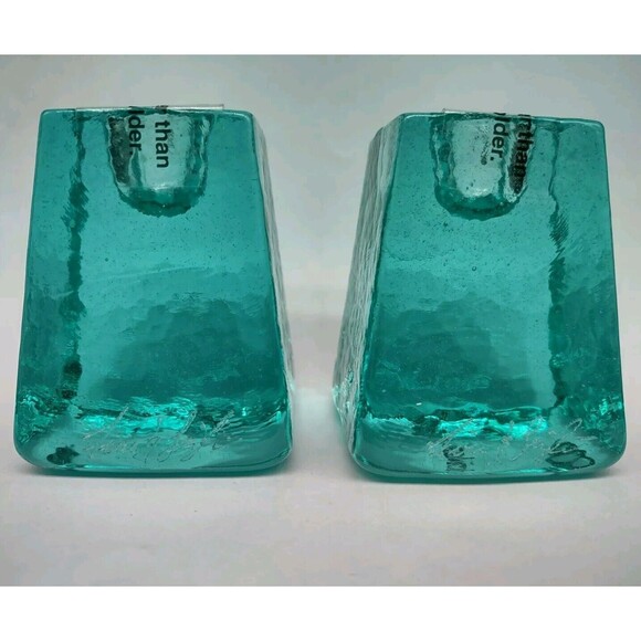 FIRE & LIGHT Recycled Art Glass 2.5" Aqua Blue Green Candlesticks - Picture 2 of 7